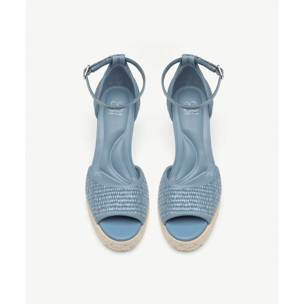 COSY ISLAND Blue‎ Raffia Wedge Sandals Round Toe Espadrille Platform Ankle Strap